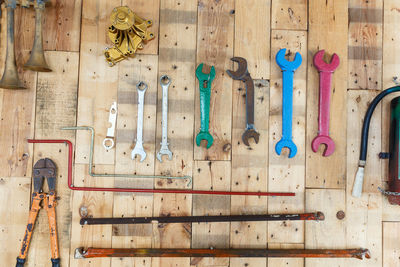 High angle view of work tools on table 