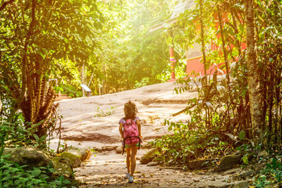 Rear view of backpack girl walking on footpath amidst trees