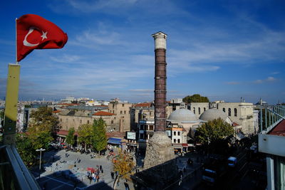 High angle view of buildings in city against sky