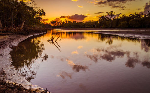 Scenic view of lake against sky during sunset