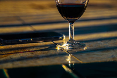 Close-up of wineglass on swimming pool floor.