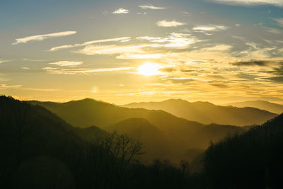 Scenic view of silhouette mountains against sky at sunset