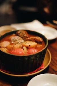 Close-up of soup in bowl on table