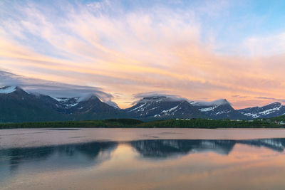 Scenic view of lake and mountains against sky during sunset