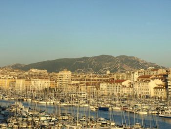 Sailboats moored in sea against clear sky