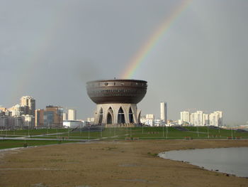 View of rainbow over city buildings