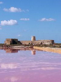 Reflection of built structure in water against blue sky