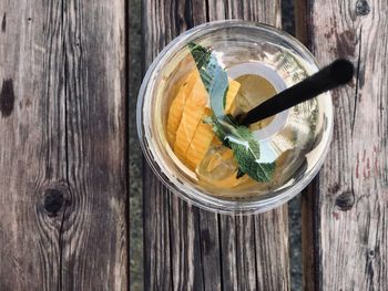 High angle view of drink in glass on table