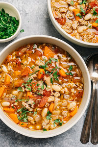 Italian sausage and white bean soup flatlay