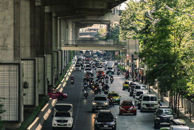 High angle view of traffic on road in city
