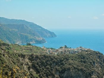 Scenic view of sea and mountains against sky