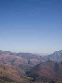 Scenic view of mountains against clear blue sky