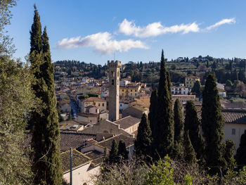 High angle view of houses in town