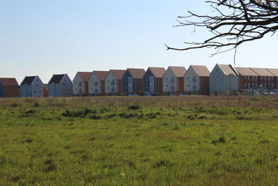 Houses on field against clear sky