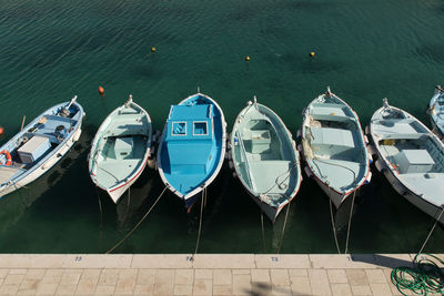 High angle view of boats moored at sea