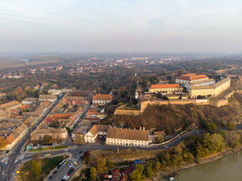 High angle view of buildings in city against sky