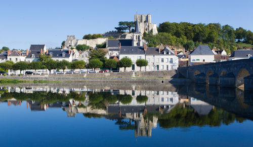 Reflection of buildings and trees in lake against blue sky