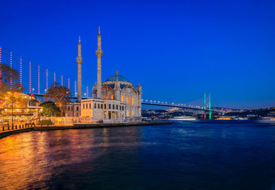 Bridge over river against clear blue sky