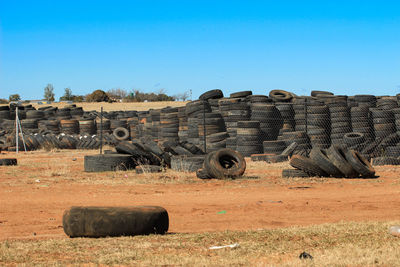 Pile of old tires on a junkyard 
