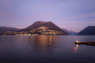 Scenic view of lake with mountain range in background