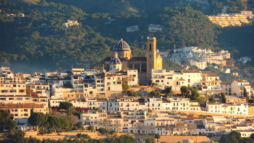 High angle view of buildings in city