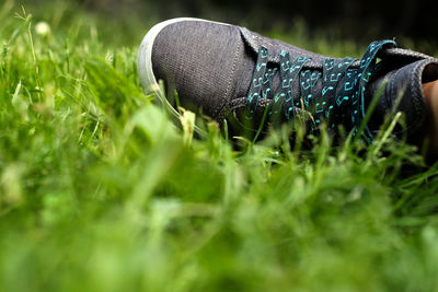 Close-up of shoes on field