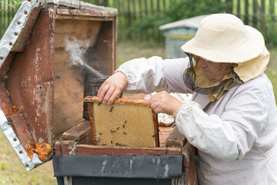 Beekeeper holding up tray of honeycomb at park