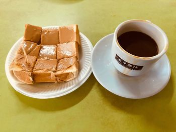 High angle view of coffee cup on table