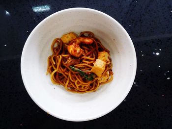 High angle view of noodles served in bowl