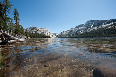 Scenic view of calm lake against clear sky