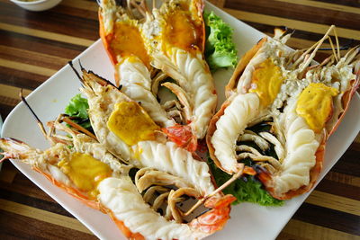 High angle view of meal served on table