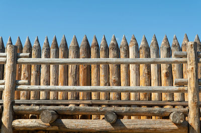 Low angle view of wooden fence against clear sky