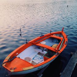 High angle view of boat moored on sea