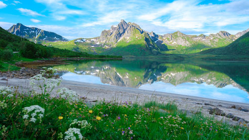 Scenic view of lake and mountains against sky