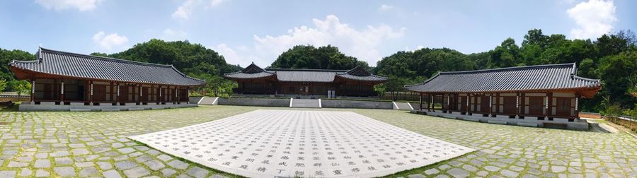 Panoramic view of buildings against cloudy sky