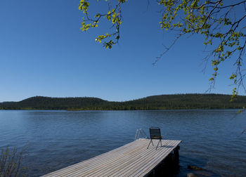 Scenic view of lake against clear blue sky