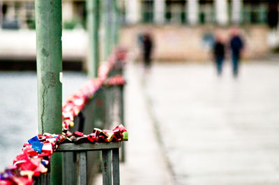 Close-up of padlocks on railing