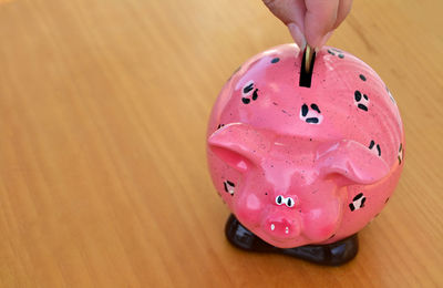 Close-up of hand putting coin in piggy bank at table