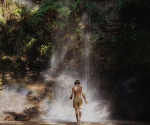 Rear view of shirtless man standing against waterfall in forest