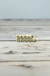 Close-up of text on table