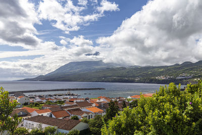 Panoramic shot of townscape by sea against sky