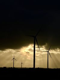Silhouette wind turbines on field against sky during sunset