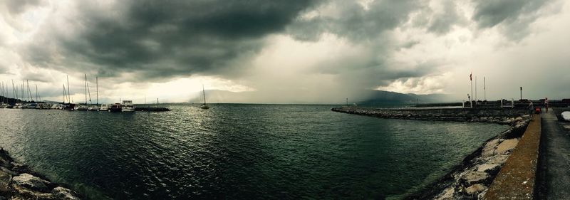 Scenic view of calm sea against cloudy sky