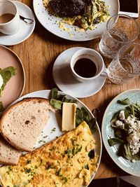 High angle view of breakfast on table