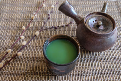 High angle view of tea cup on floor