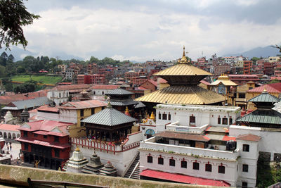 High angle view of buildings against sky