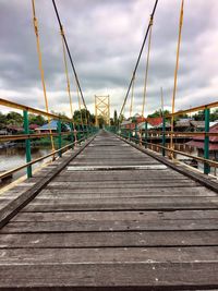 View of suspension bridge against cloudy sky