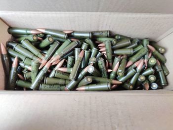 High angle view of various box on table