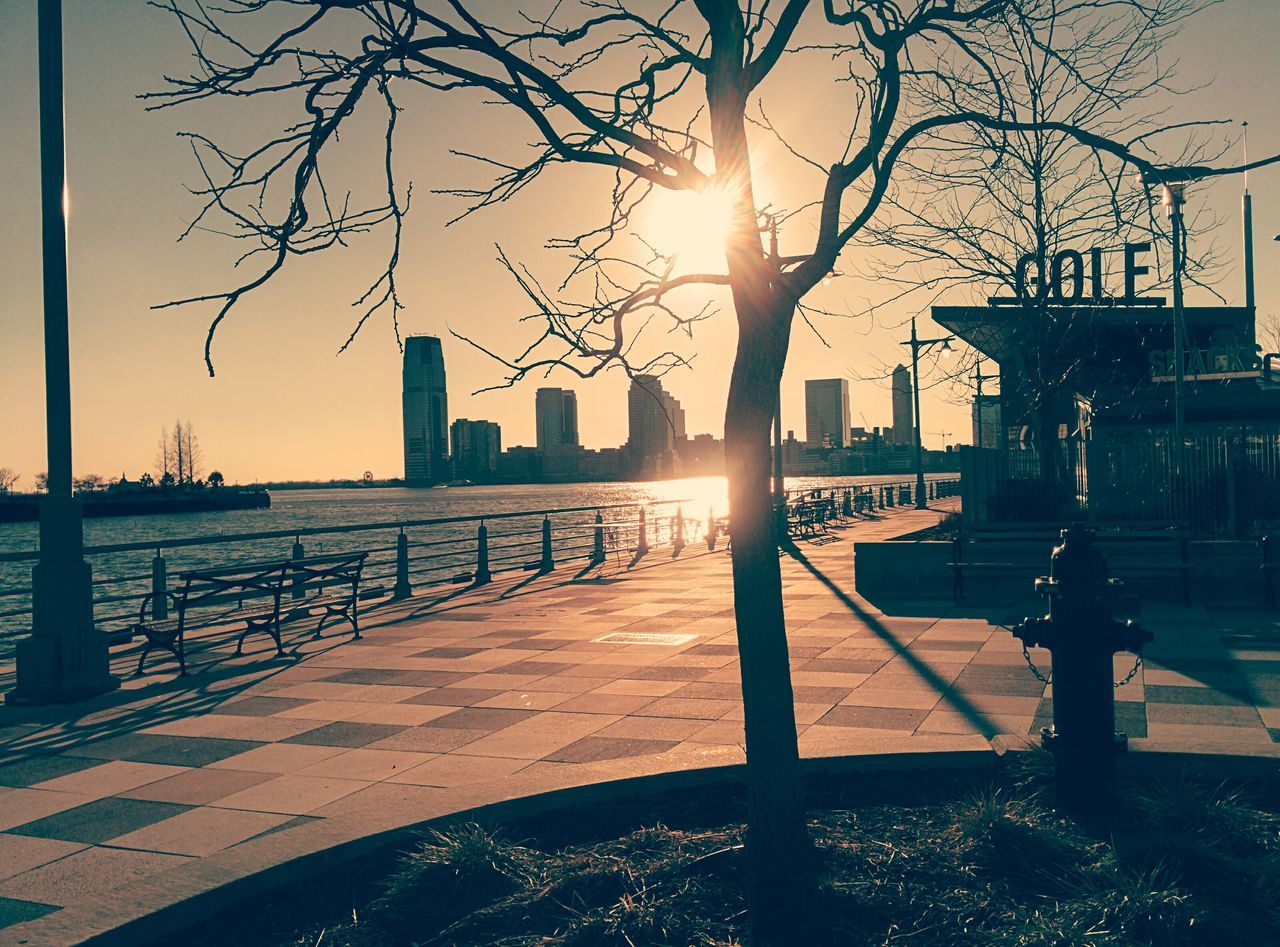 sun, building exterior, built structure, architecture, sunlight, sunset, city, sunbeam, silhouette, tree, water, lens flare, sky, bare tree, clear sky, cityscape, railing, sunny, nature, outdoors