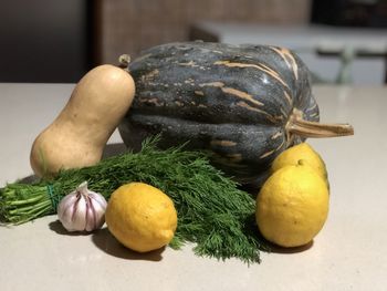 Close-up of pumpkins on table